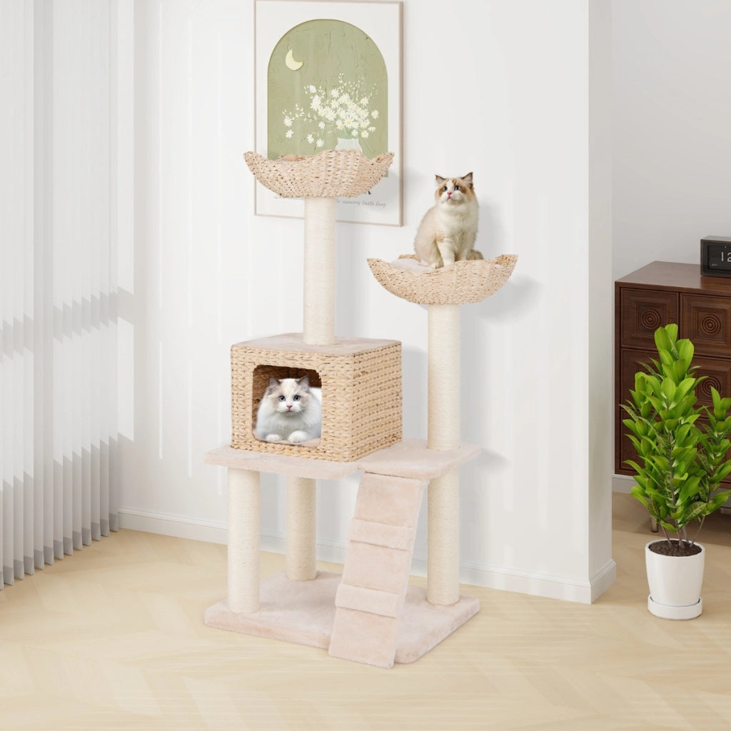 Albero per gatti con posti per graffiare in sisal trespolo condo letto scala cuscini lavabili, Torre cattail da 122cm Beige-Alberi Tiragraffi