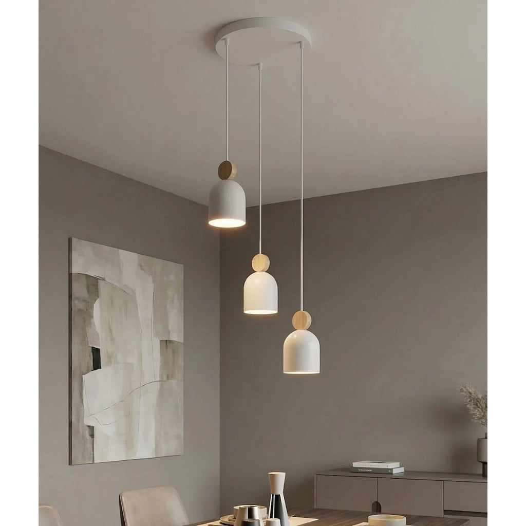 Lampada a sospensione MESI in acciaio bianco opaco e legno