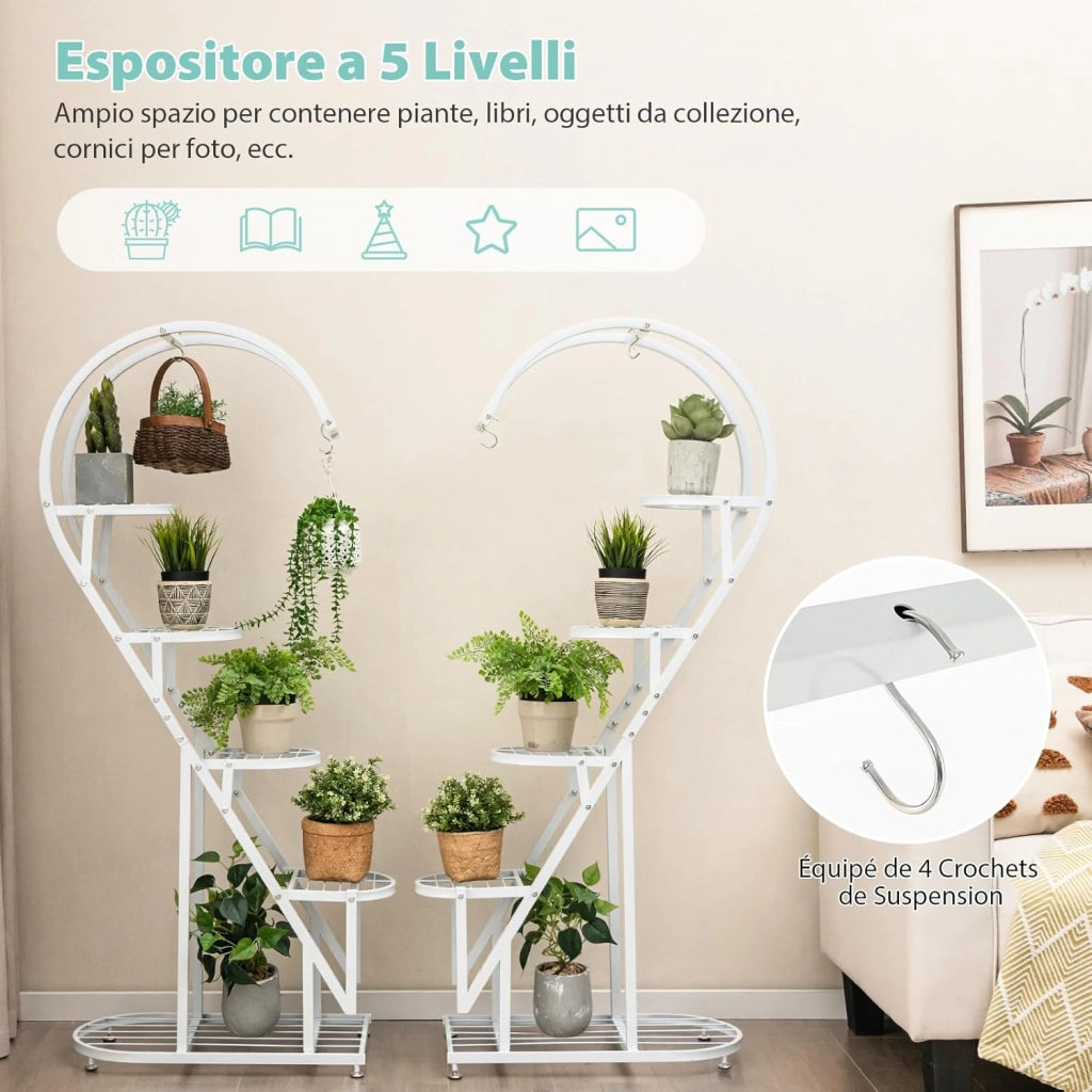 Scaffale per Piante in Metallo a 5 Livelli, Porta Piante a Forma di Cuore con Gancio, Scaffale per Fiori per Soggiorno, Camera da Letto e Balcone (Bianco)