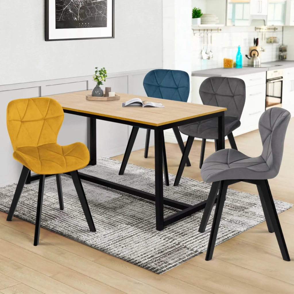IDMarket - Juego de 4 sillas ROBINE en mezcla de terciopelo azul, gris oscuro, gris claro y amarillo
