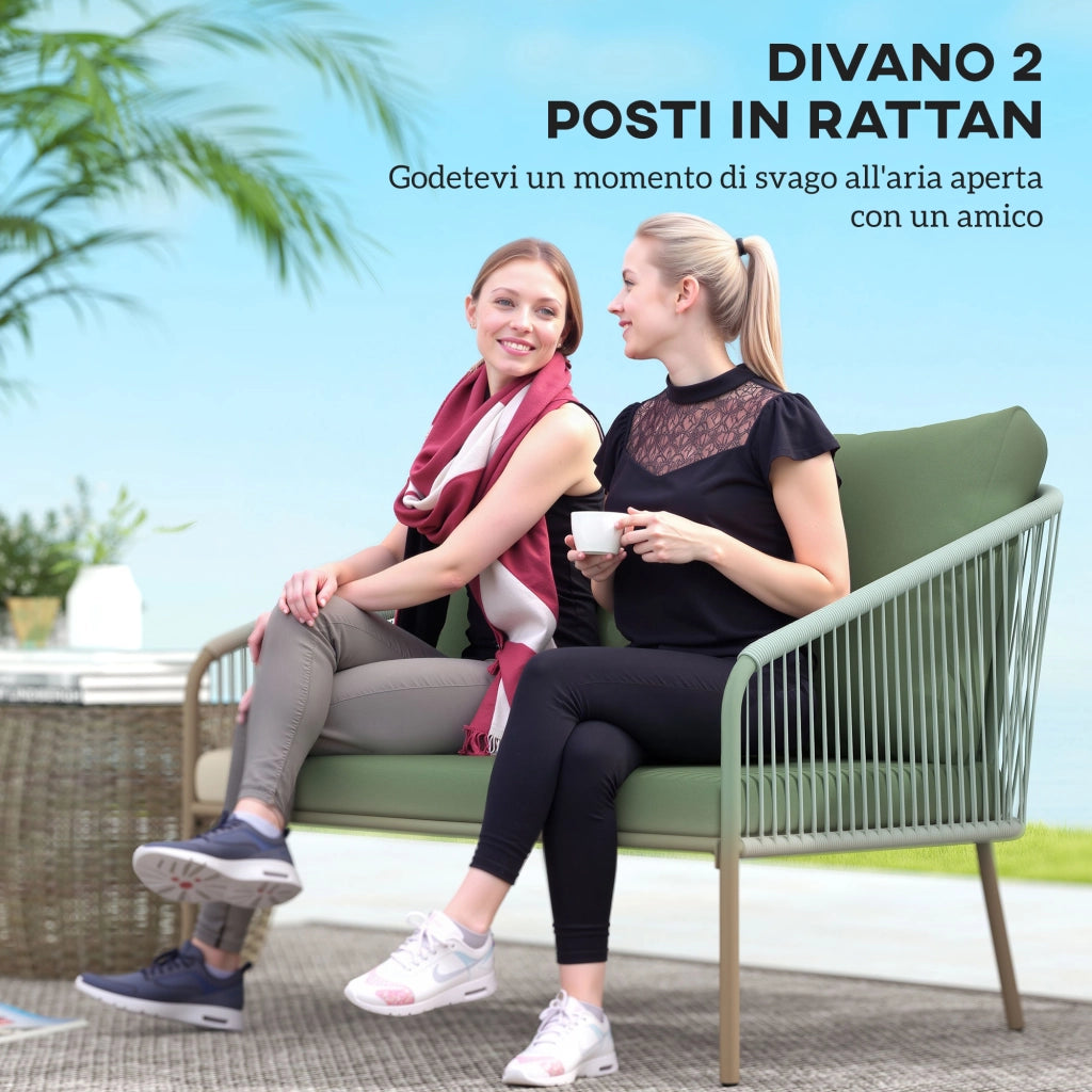 Divano da Giardino 2 Posti Stile Boho con Cuscini Sfoderabili in Rattan PE Verde