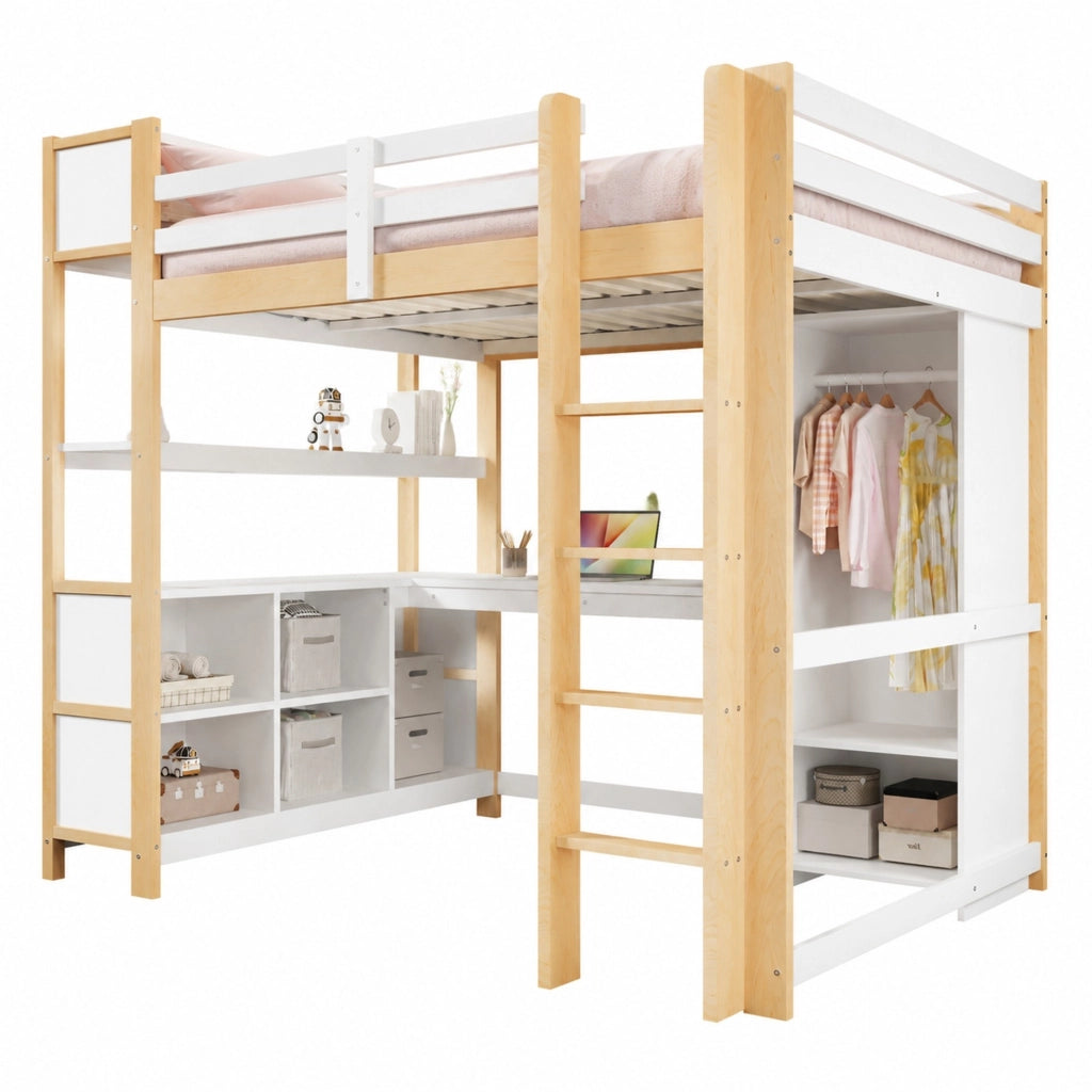 Letto a soppalco 140×200 cm con scrivania; ripiani e armadio; senza materasso; legno; naturale