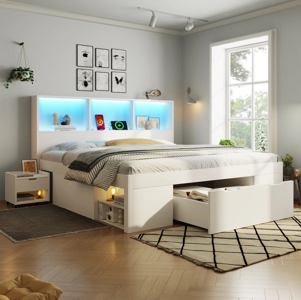 Letto matrimoniale 140x200 cm in legno bianco con LED; USB Type-C; comodini mobili e contenitore