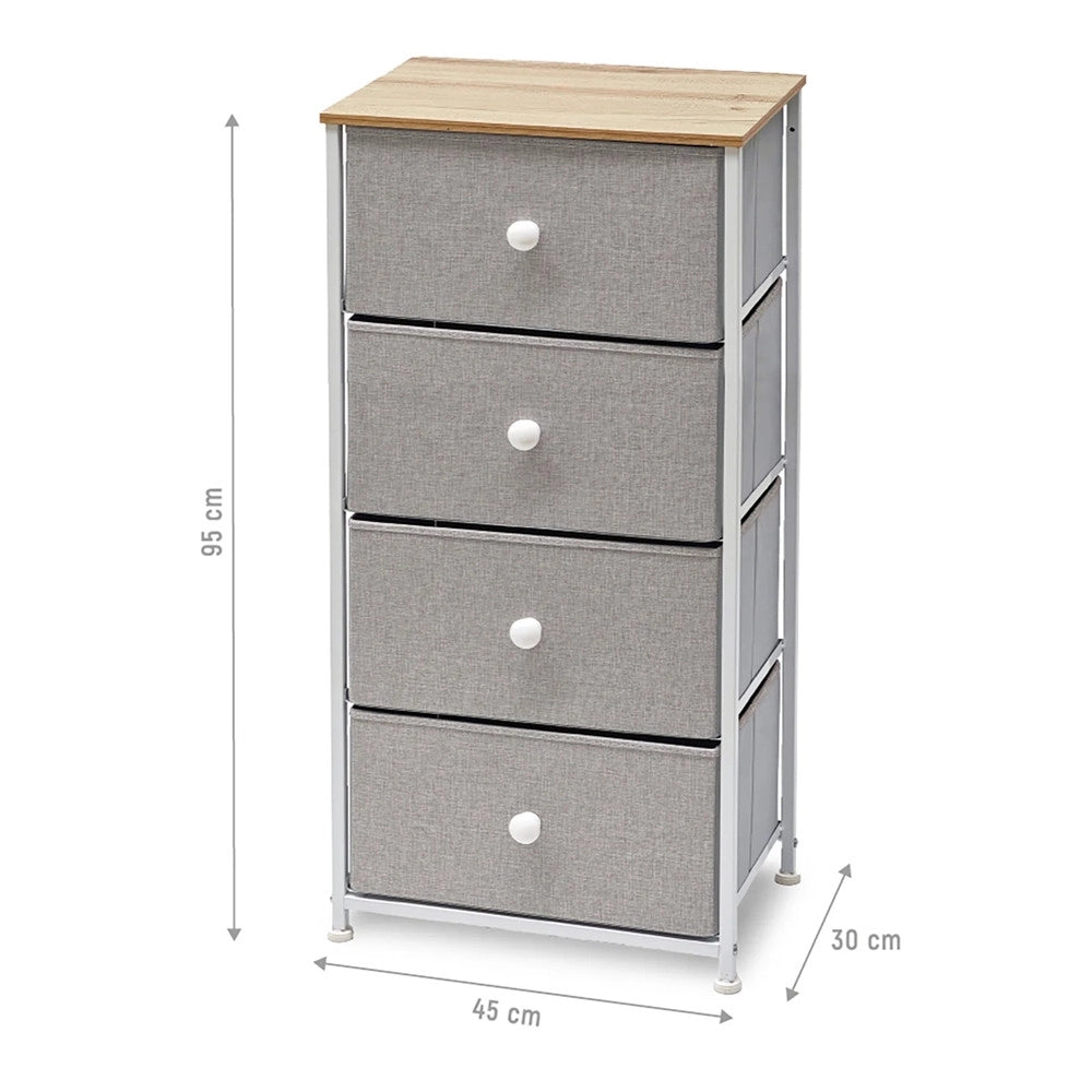 Trade Shop - Mobiletto Multiuso Salvaspazio 4 Cassetti Effetto Tessuto In Legno Naturale Tnt Grigio -