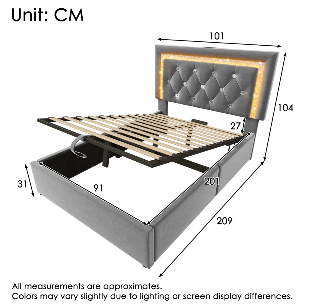 Letto imbottito 90x200 cm in velluto grigio con LED; USB Type-C; contenitore e materasso