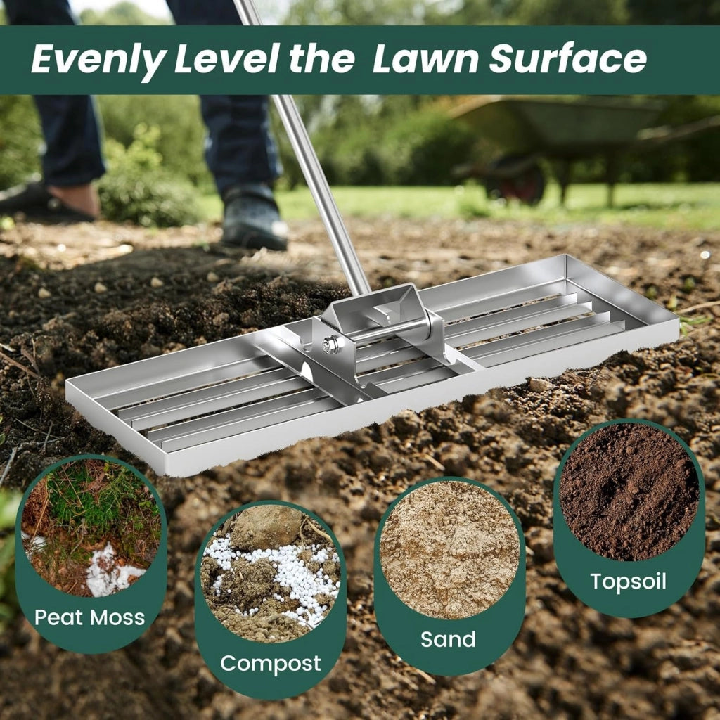 Rastrello Livellatore per Prato 170 cm, Raschietto Livellatore in Metallo Robusto con Manico Lungo e Spesso, Livellatrice per Terreno, Ghiaia, Orto ed Erbacce da Giardino (75 x 25 cm, Argento)
