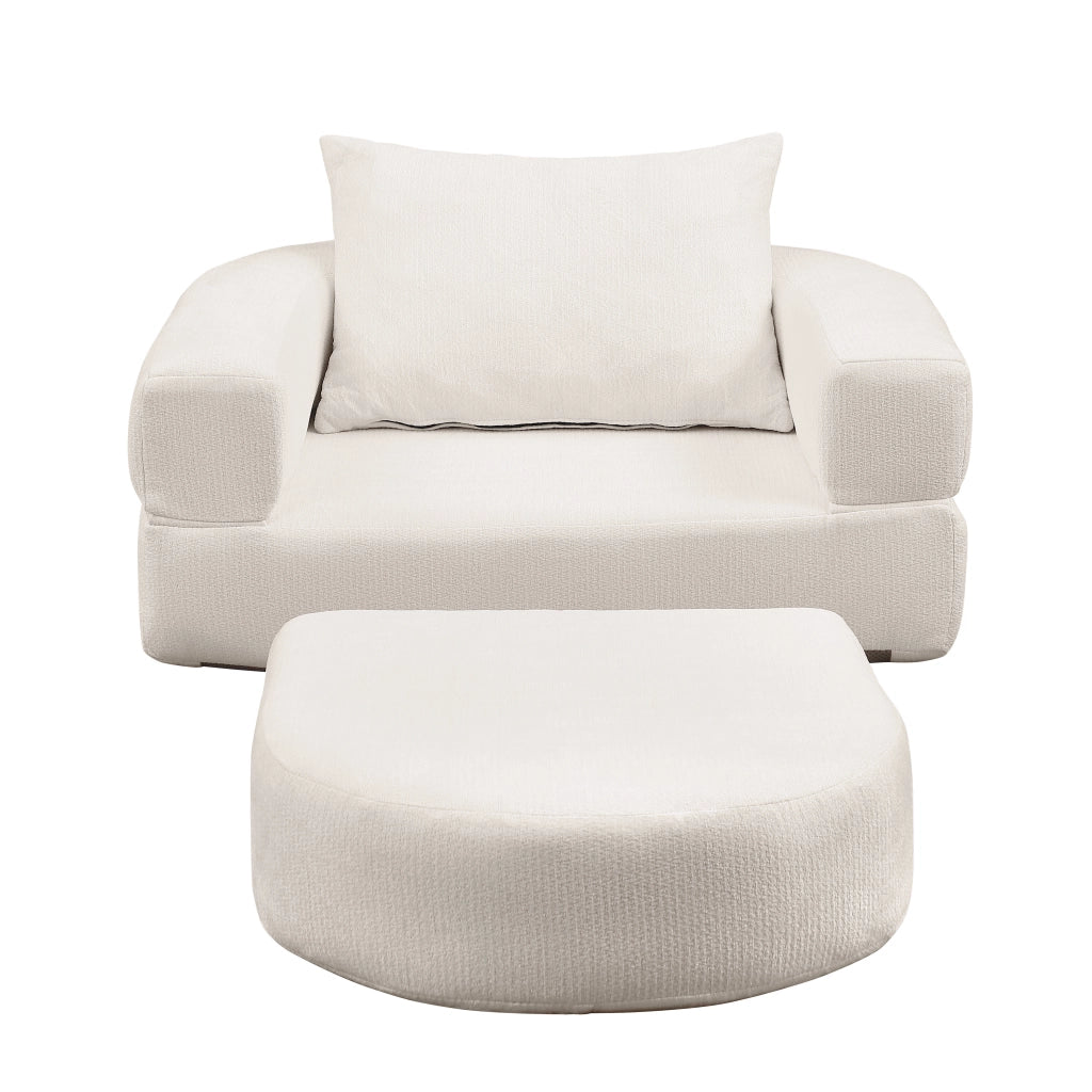 Divano modulare minimalista in ciniglia beige, seduta reversibile e componibile per soggiorno