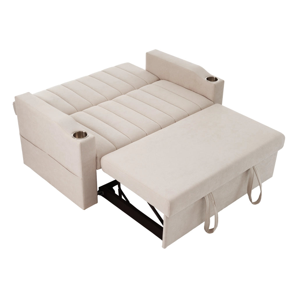 Divano letto multifunzionale a 2 posti con schienale reclinabile, portabicchieri e 2 cuscini, beige