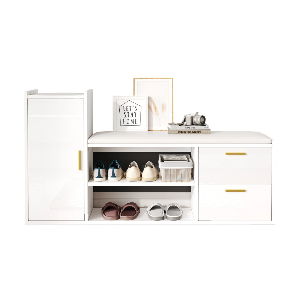 Scarpiera 128x30x68 cm con 2 cassetti; 1 anta e seduta imbottita in truciolato bianco