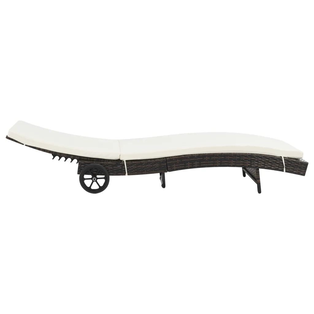Lettino Prendisole con Ruote e Cuscino in Polyrattan Marrone 44453