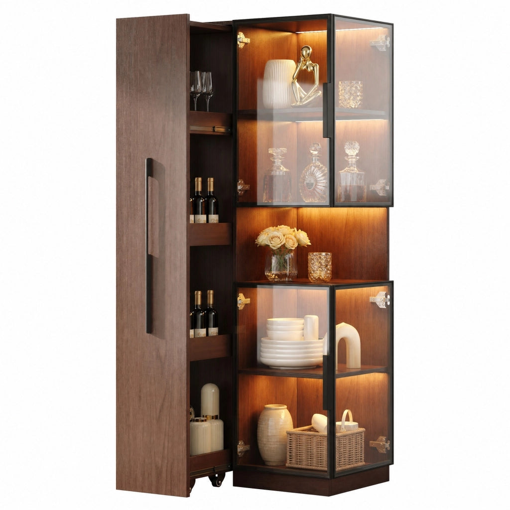 Vetrina con ripiani estraibili e LED 70x38x160 cm in MDF e vetro; marrone noce