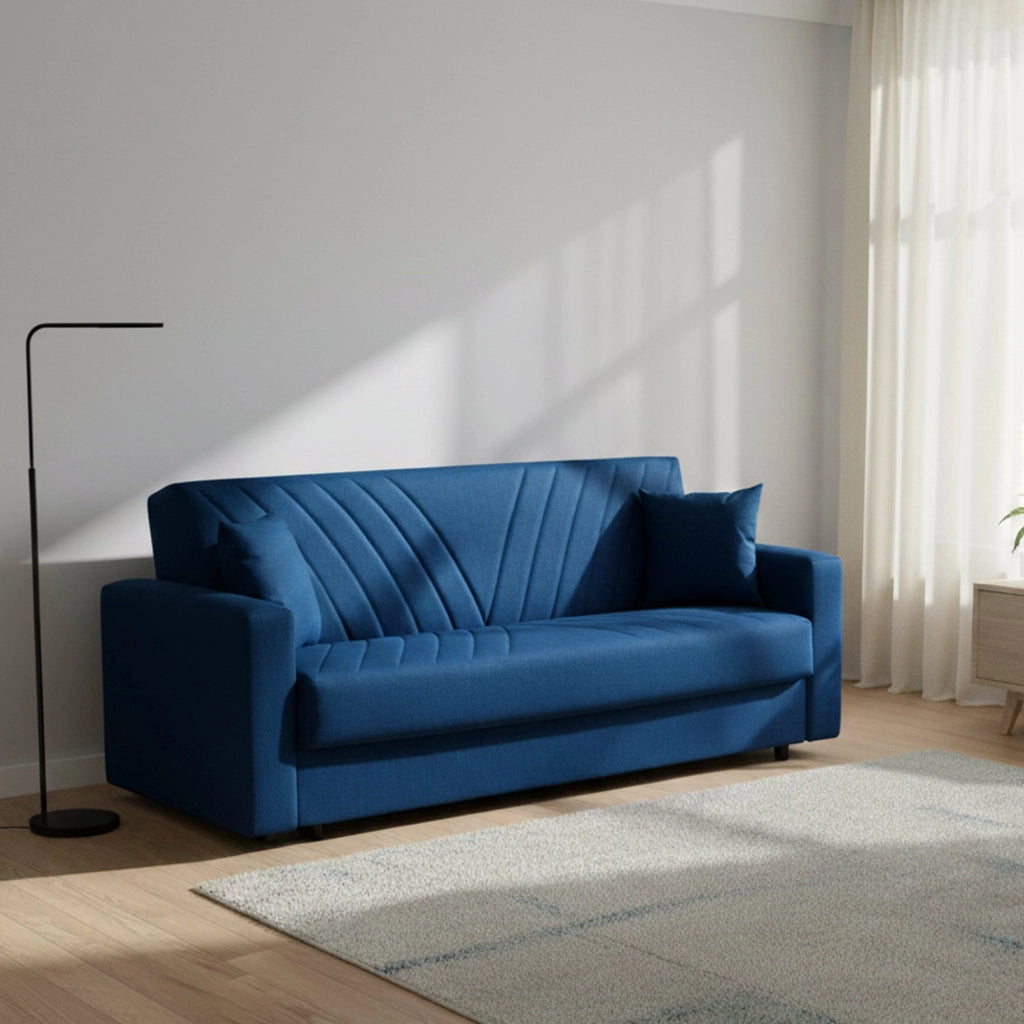 Divano letto Adda, Divano letto contenitore a 3 posti lineare con 2 cuscini inclusi, SofÒ  da soggiorno in tessuto imbottito con apertura click-clack, 214x81xh89 cm, Blu