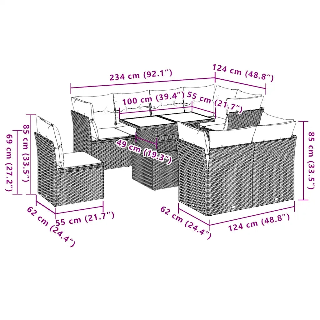 Set Divani da Giardino 9 pz con Cuscini Nero in Polyrattan 3266726