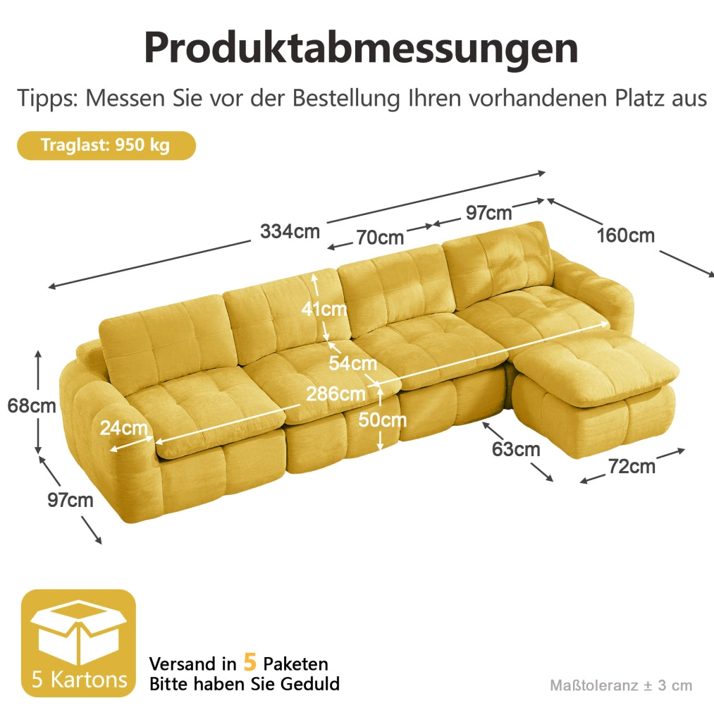 Divano modulare angolare 4 posti con pouf in ciniglia; giallo; 334x160 cm