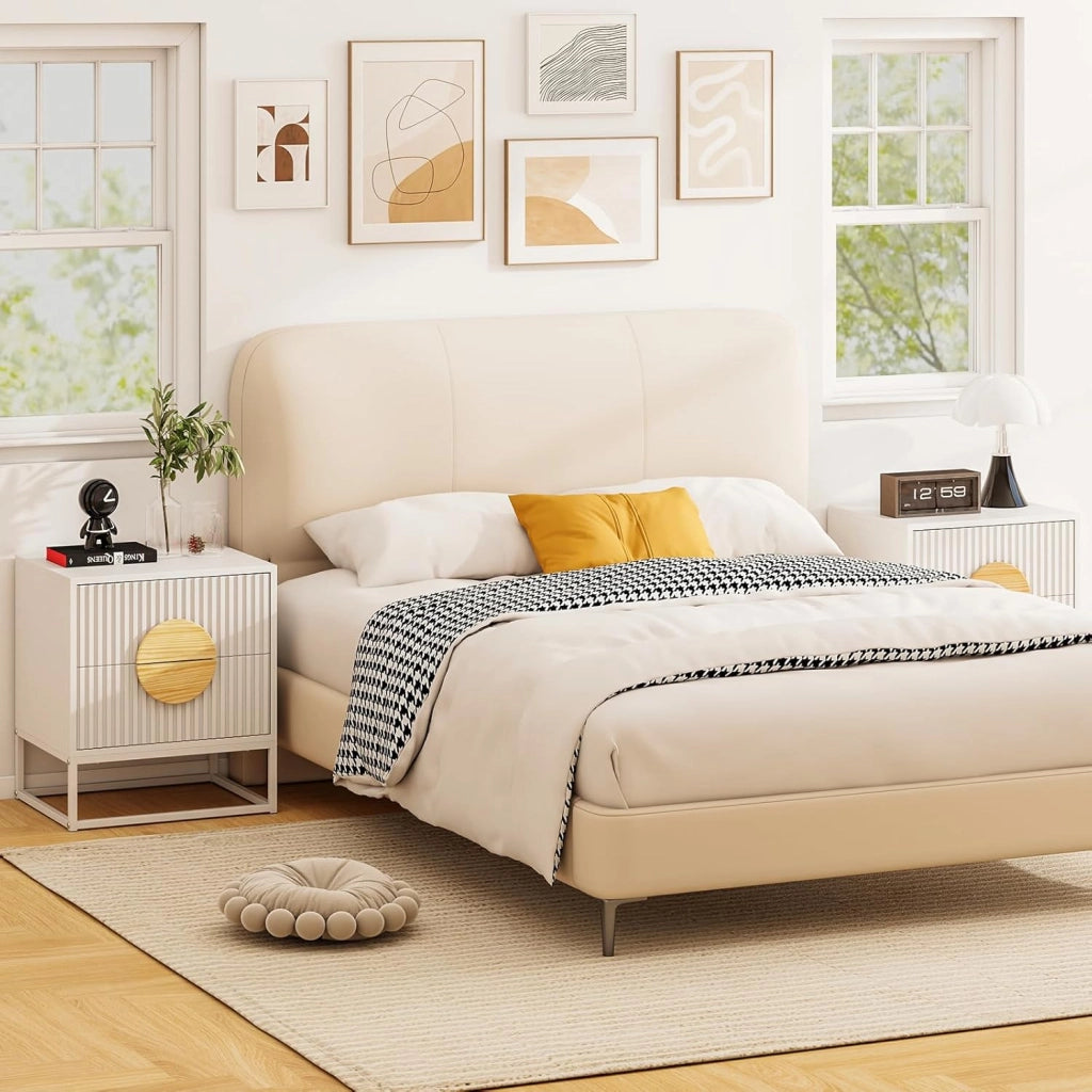 Comodino con 2 Cassetti, Maniglie in Legno di Pino e Struttura in Metallo, Tavolino Lato Moderno per Camera da Letto, Soggiorno, 48 x 40 x 55 cm (L x P x A)
