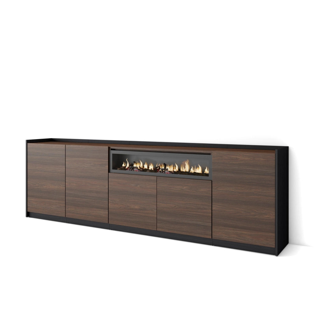 Credenza, Mobile, Cucina, 260x80x37 cm, 5 Porte, Camino elettrico, Rovere scuro e Nero