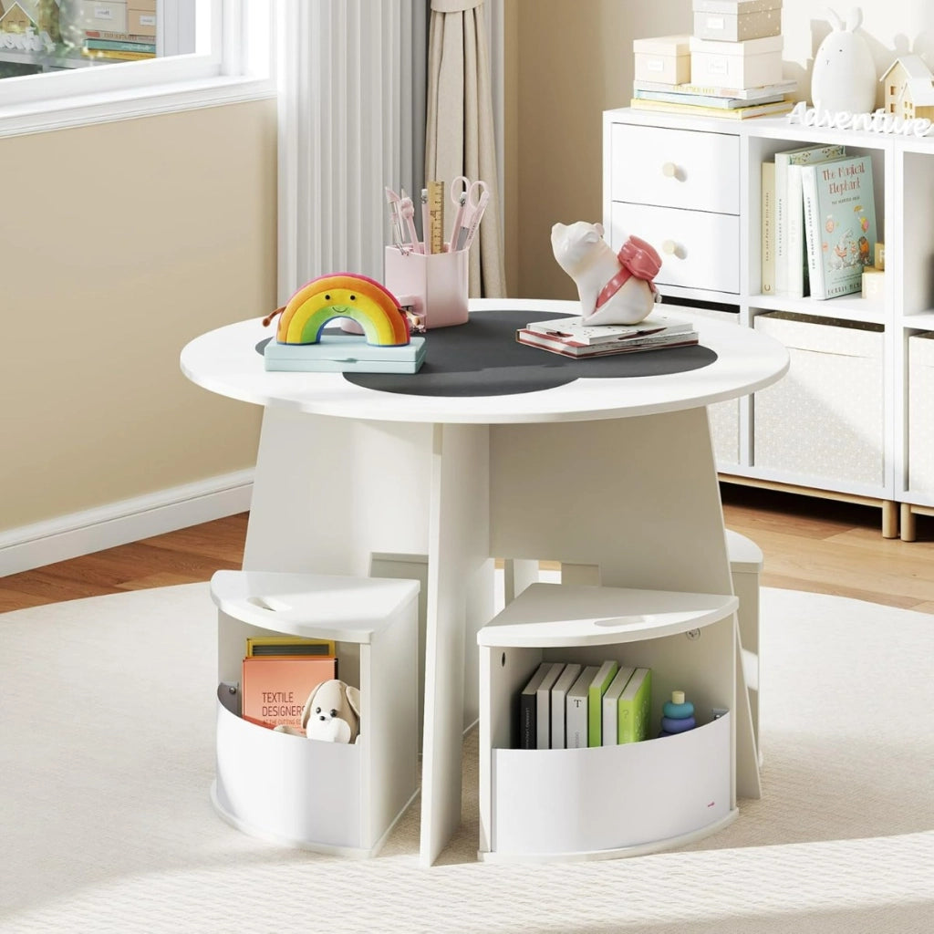Set tavolo e sedie per bambini 5 pezzi per design salvaspazio-Tavolo rotondo con sgabelli con ripiano di stoccaggio Bianco