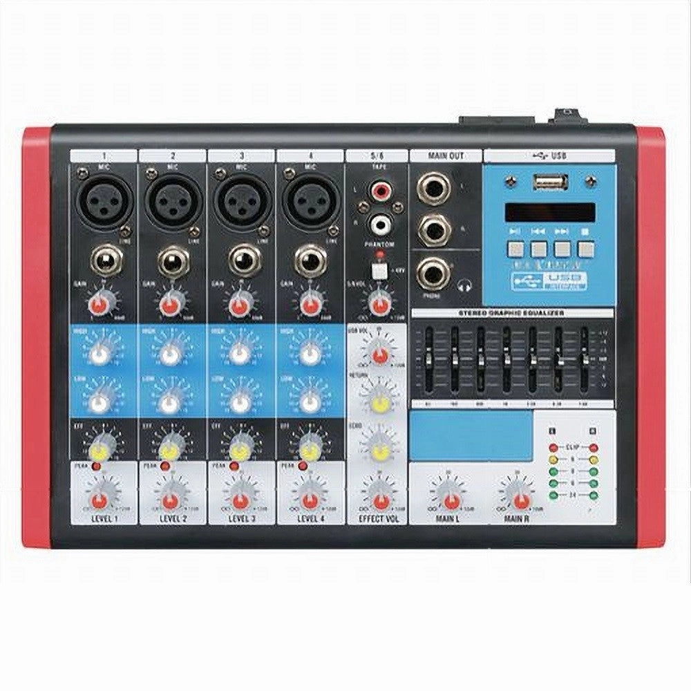 Trade Shop - Mixer Audio 6ch Equalizzatore 4 Mic Xlr Phantom +48v Usb Mp3 Display Maxtech Mix-6ch -