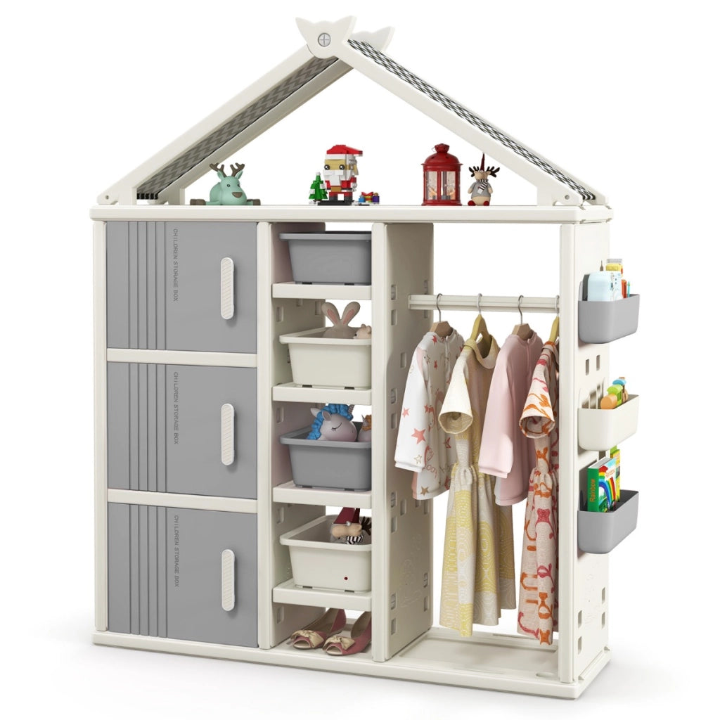 Armadio portaoggetti per bambini con appendiabiti da letto dei bambini, Organizzatore di vestiti con 3 armadietti Grigio-Scaffalature