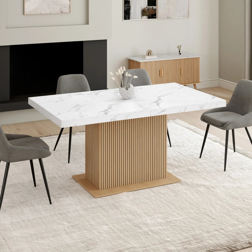 IDMarket - Tavolo da pranzo rettangolare allungabile JULIETTE 6-10 persone piano effetto marmo doghe in legno con contenitore 160-200 cm