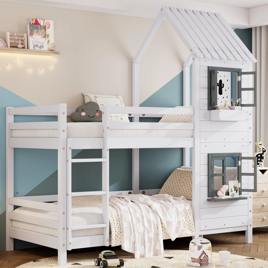 Letto a Castello 90x200 cm; 2 Posti - con Finestre; Sponda e Scalette - Bianco e Grigio