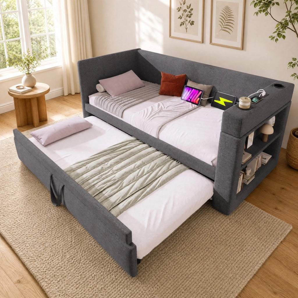 Letto giorno imbottito 90x190 cm con letto estraibile, porte USB e Type-C, grigio, senza materasso