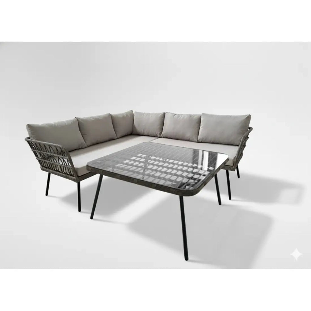Set da giardino angolare RATTANIA in rattan grigio 5 posti con cuscini e tavolo