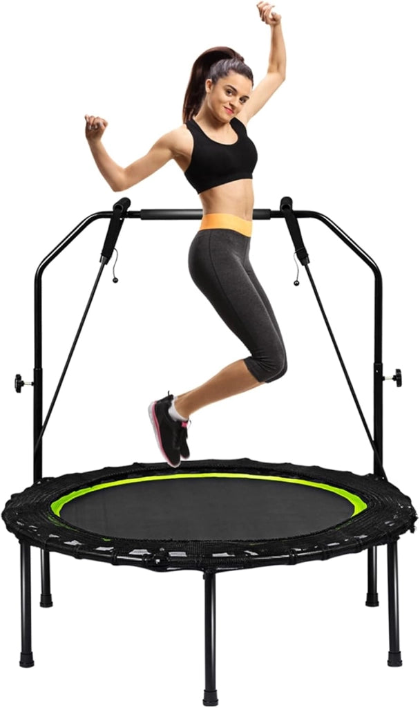 Trampolino Fitness Ø101 cm con Carico di 150 kg, Trampolino Elastico con 2 Fasce di Resistenza e Manico Regolabile in 4 Livelli, Mini Trampolino di Rimbalzo Pieghevole per Adulti e Bambini