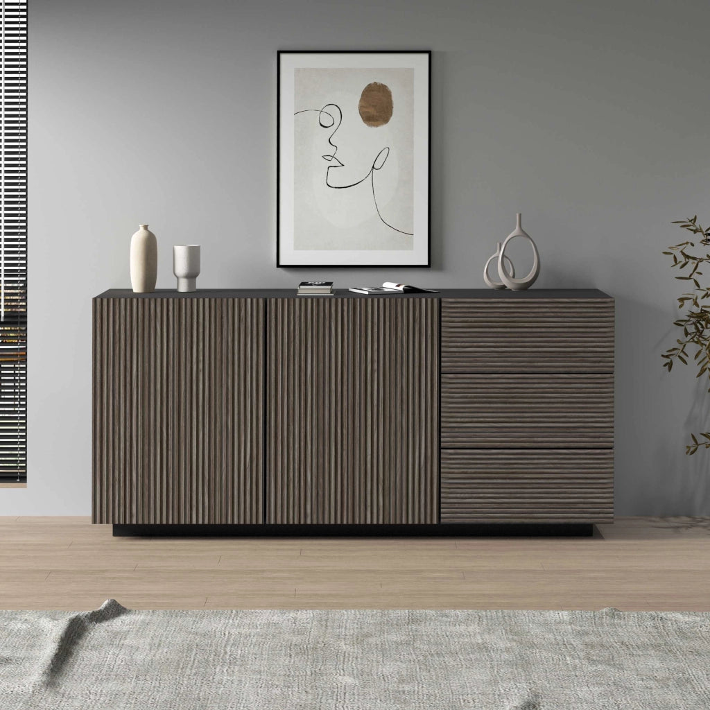 WHOUS Credenza Coste a 2 ante e 3 cassetti antracite opaco e legno scuro 180x43x86 cm