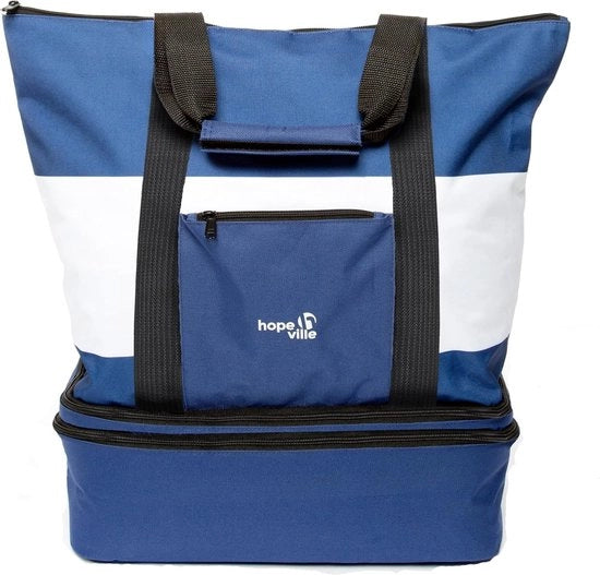 Borsa XXL per spiaggia con chiusura a raccatto e contenitore per ghiaccio, sacchetto impermeabile per picnic per famiglie in stile marino per vacanze, picnic e shopping (blu-bianco), blu-bianco