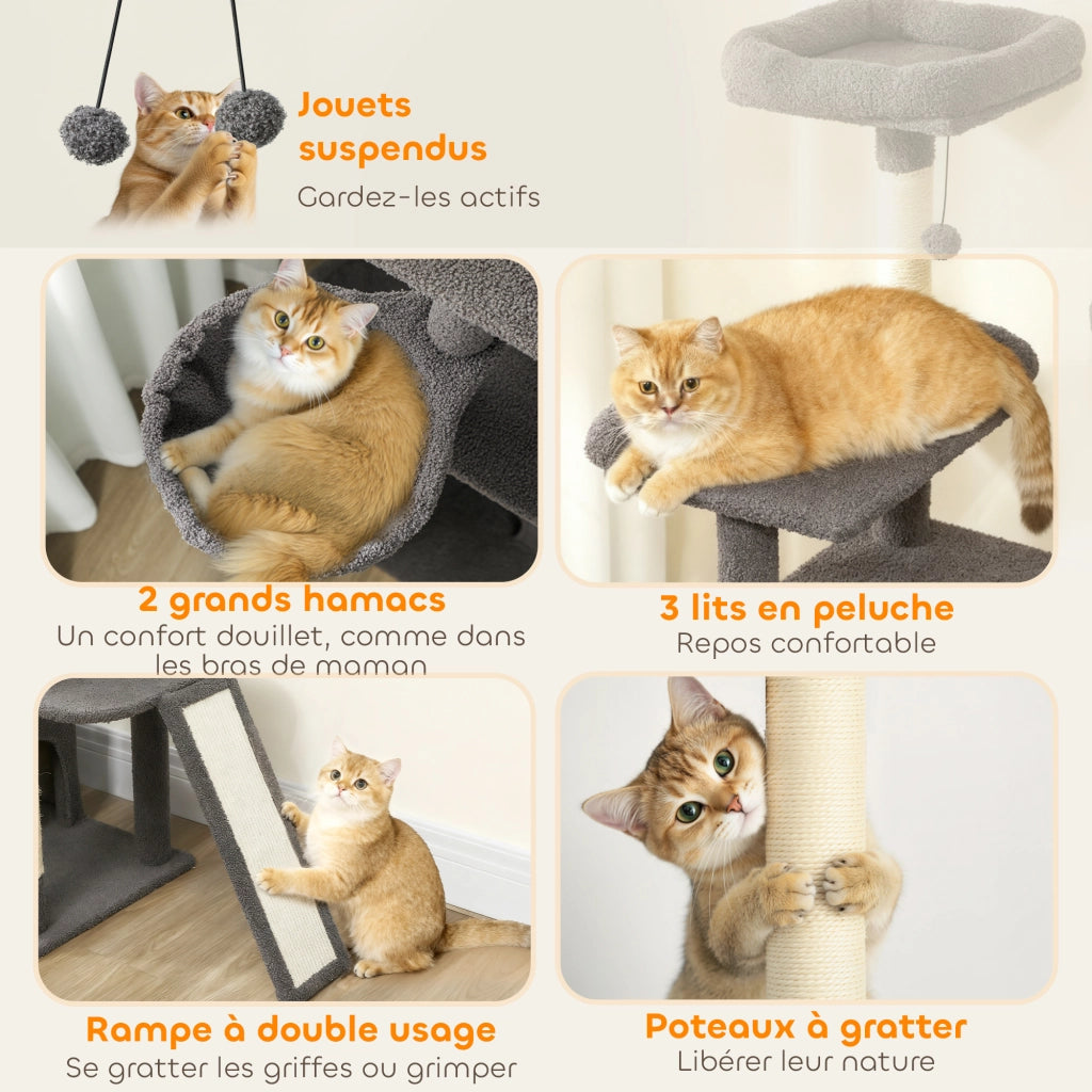 Arbre a Chat con Grigliatoio 3 Letti 2 Nicchie e 3 Giocattoli ¨C zephmum ¨C Grigio 174 cm