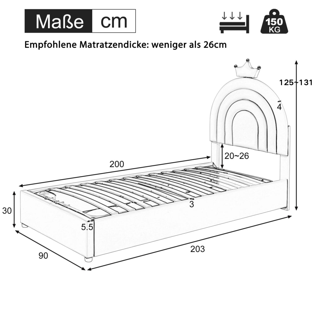 Letto imbottito singolo 90x200 cm in PU rosa; testiera regolabile e rete a doghe