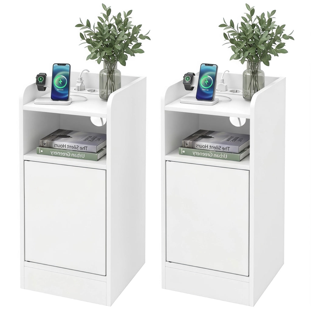Set 2 Comodini Stretti da 25 cm con Stazione di Ricarica USB e Type-C Bianchi