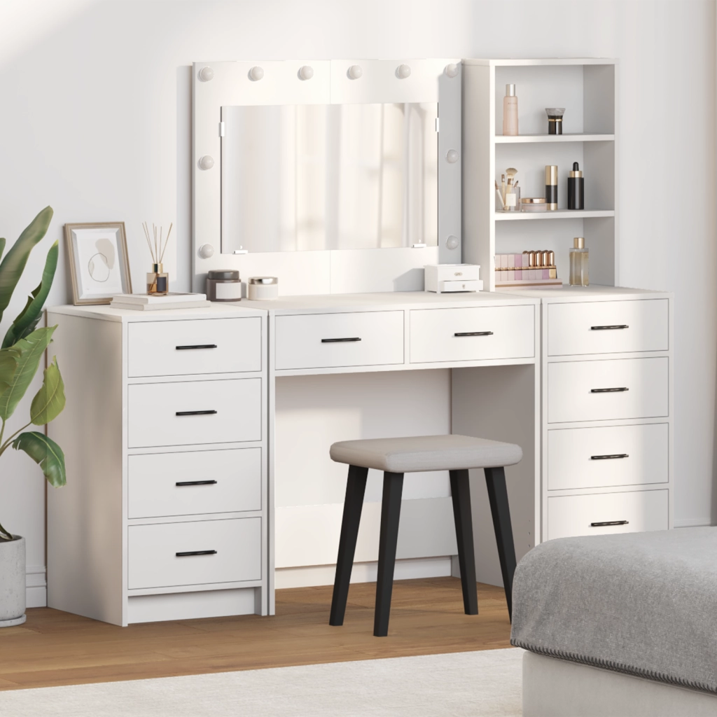 Set da toeletta 3 pezzi  con LED in legno bianco