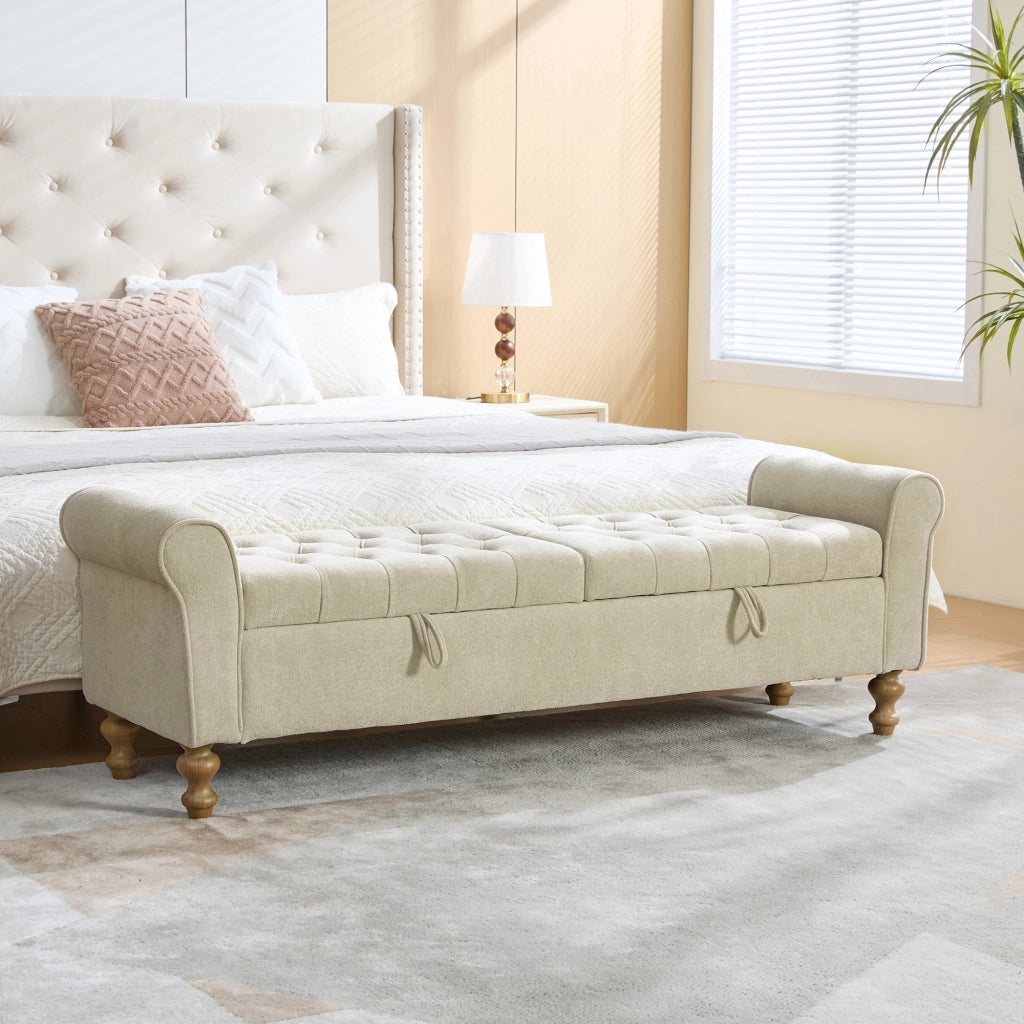 Panca da letto, panca per cambiarsi le scarpe, con vano portaoggetti, rivestimento in similpelle scamosciata, con braccioli, gambe in legno di gomma, color grigio-beige