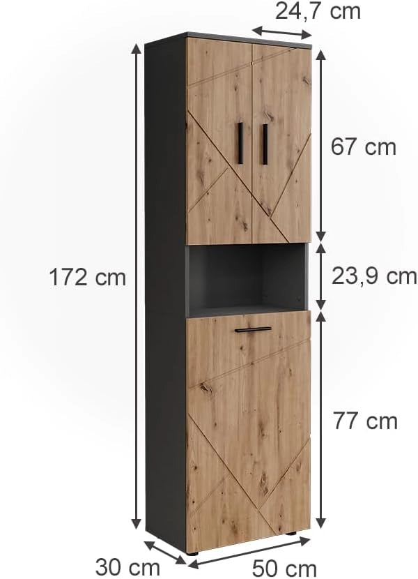 Mobili alti Irma, Antracite/Artisan, 50 x 172 cm con 3 porte, con cesto della biancheria integrato per la separazione dei tipi di bucato