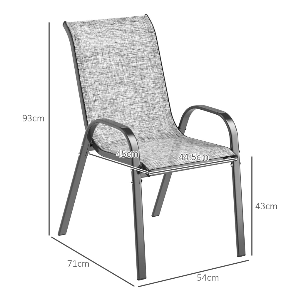 Set 4 Sedie da Giardino Impilabili con Braccioli Curvi, in Acciaio e Tessuto Traspirante, 54x71x93 cm, Grigio