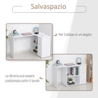Scrivania Angolare con Libreria Scaffale in Legno Bianco, Tavolo da Pranzo con Rotazione a 360°, 173x39.8x74 cm