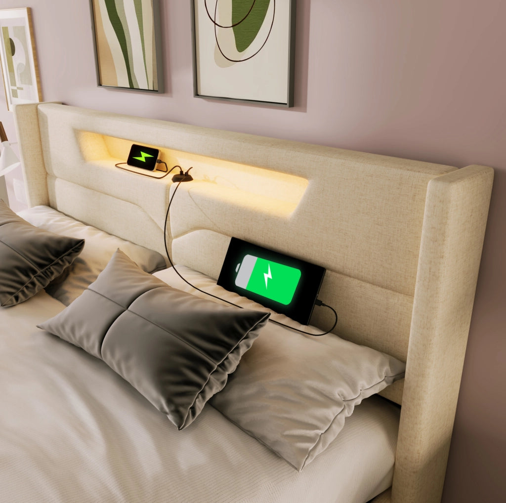 Letto matrimoniale 160x200 cm beige con LED, USB-C e contenitore