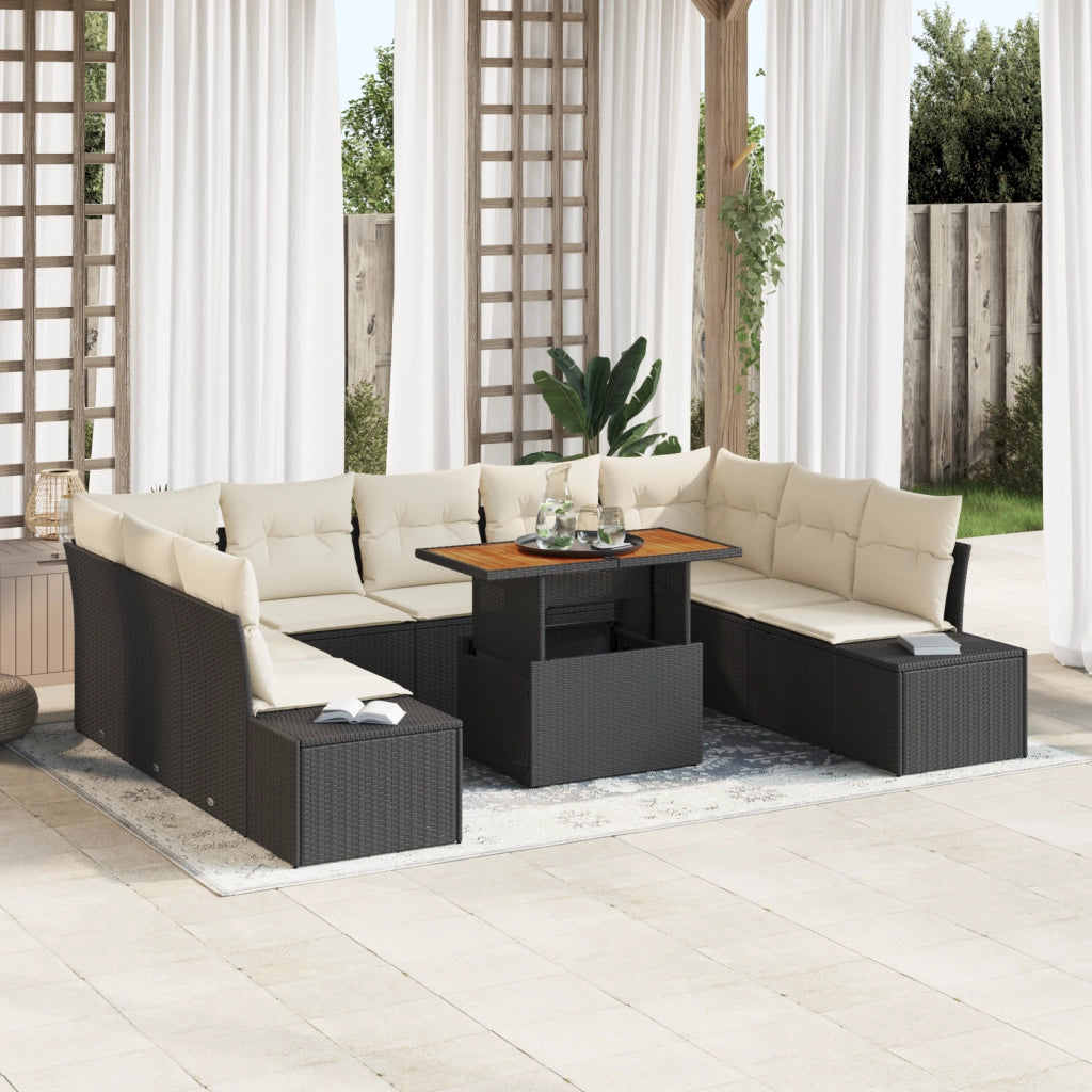 Set da Pranzo da Giardino con 10 Pezzi e Cuscini Nero in Rattan Poliestere e Acacia