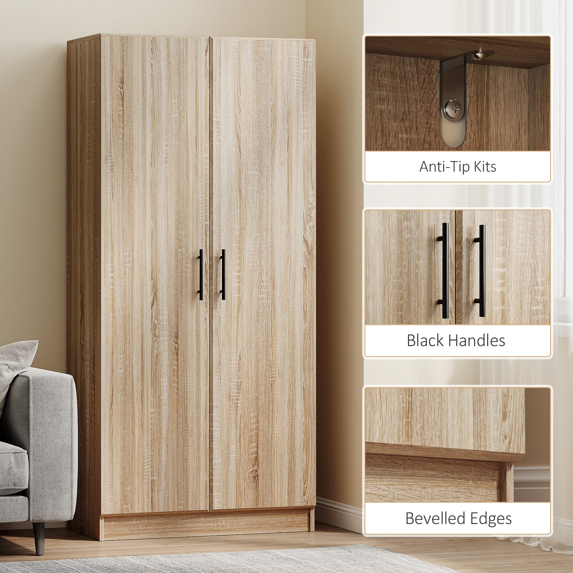 Mobile Cucina Multiuso Credenza Moderna 75x40x165 cm Ante a Chiusura Ammortizzata Color Legno