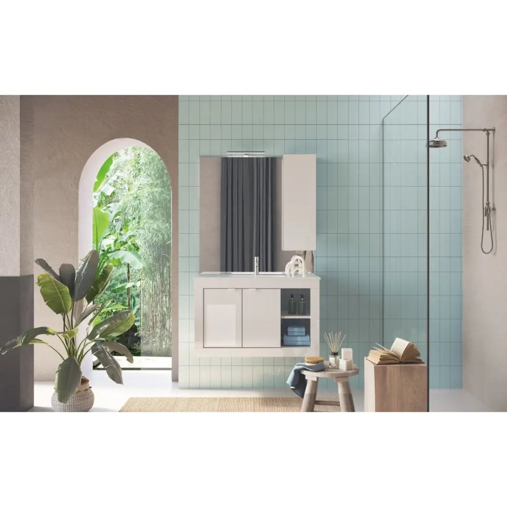 Mobile da bagno sospeso con 1 lavabo e 2 porte, collezione VIENNA. Colore bianco lucido.
