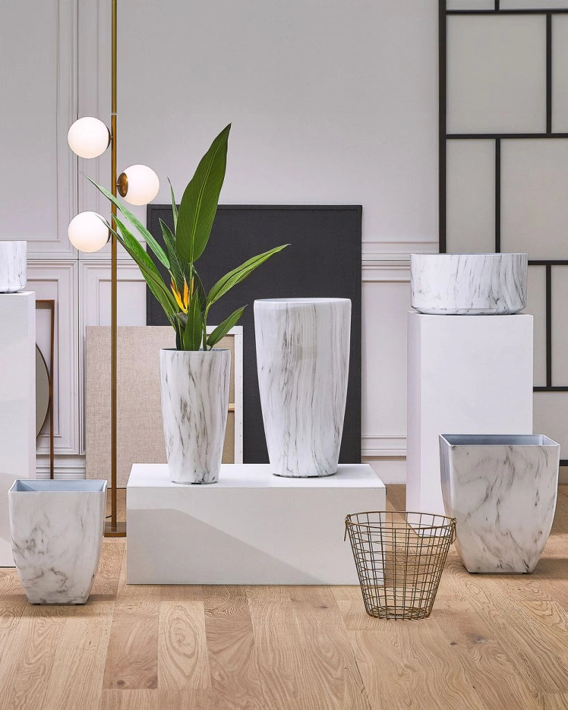 Vaso per piante da interno per esterno Vaso da fiori effetto marmo bianco miscela di pietre Rotondo 43 cm Resistente ai raggi UV