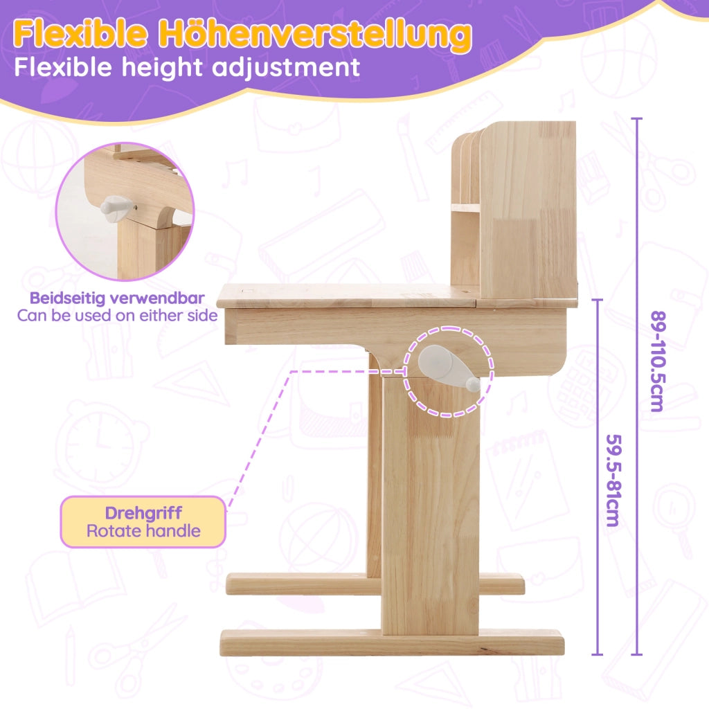 Scrivania per bambini con altezza regolabile e piano inclinabile con vani aperti in legno naturale 92,2 × 60 × 89 cm