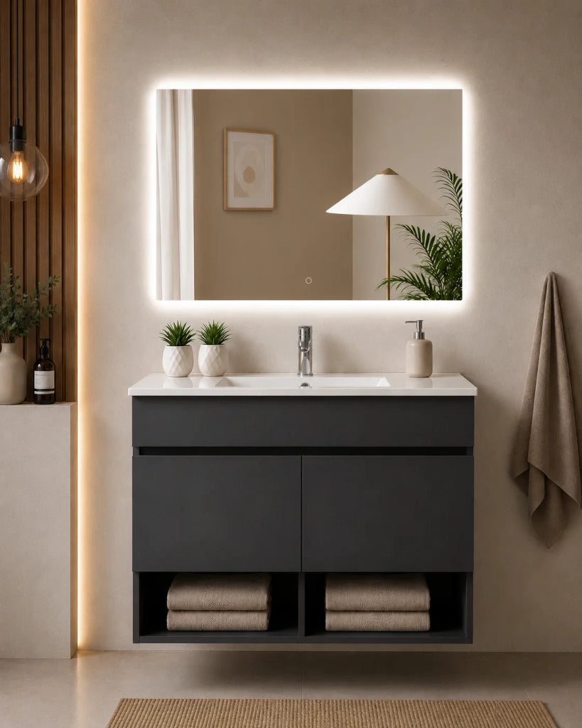 Mobile bagno sospeso con lavabo extrapiano ORIGENBATH NEBARI senza specchio 80x45 cm grafite