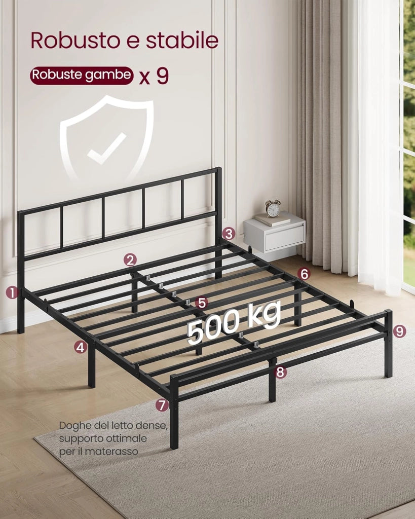 VASAGLE Telaio letto matrimoniale 160 x 200 cm, telaio letto con rete a doghe, testiera, letto in metallo, portata fino a 500 kg, facile da montare, per camera da letto, colore nero inchiostro