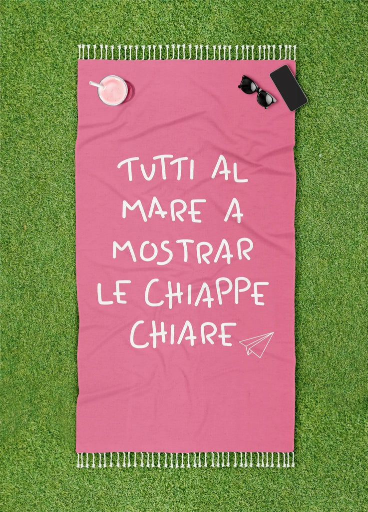 Telo Mare Con Frange Asciugamano Da Spiaggia Misura Grande 90x180 Cm Con Pochette Astuccio Assorbente In Morbido Cotone Leggero Stampa Tutti Al Mare AntiSabbia Lettino Vacanze Piscina Fuxia