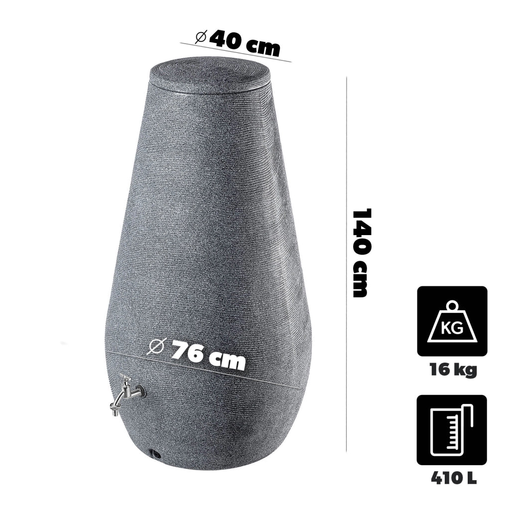 Serbatoio per acqua piovana KADAX 410L Contenitore per acqua a forma di barile + rubinetto con vaso 2 in 1 Grande