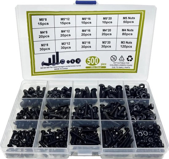 Set Completo di 500 Viti e Dadi a Sei Lobi Neri con Scatola di Ricarica per Diverse Applicazioni