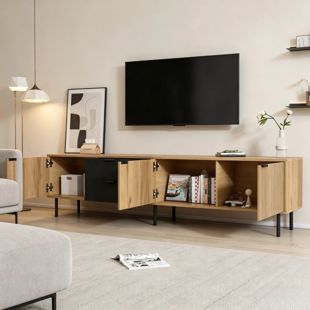 Mobile TV, 208 x 40 x 48 cm, in truciolato, 3 cassetti, finitura effetto legno, color legno naturale e nero